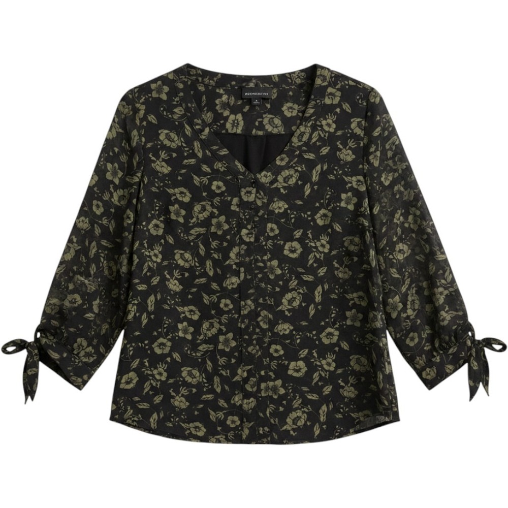 Floral Whimsygoth V-Neck Blouse Black Olive Green Tie Cuff Top- Large